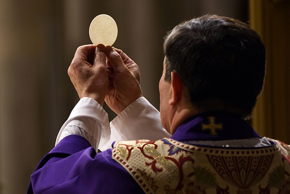 A priest elevates the host during a Mass at St. Patrick's Cathedral in New York City in 2020. (CNS/Gregory A. Shemitz)